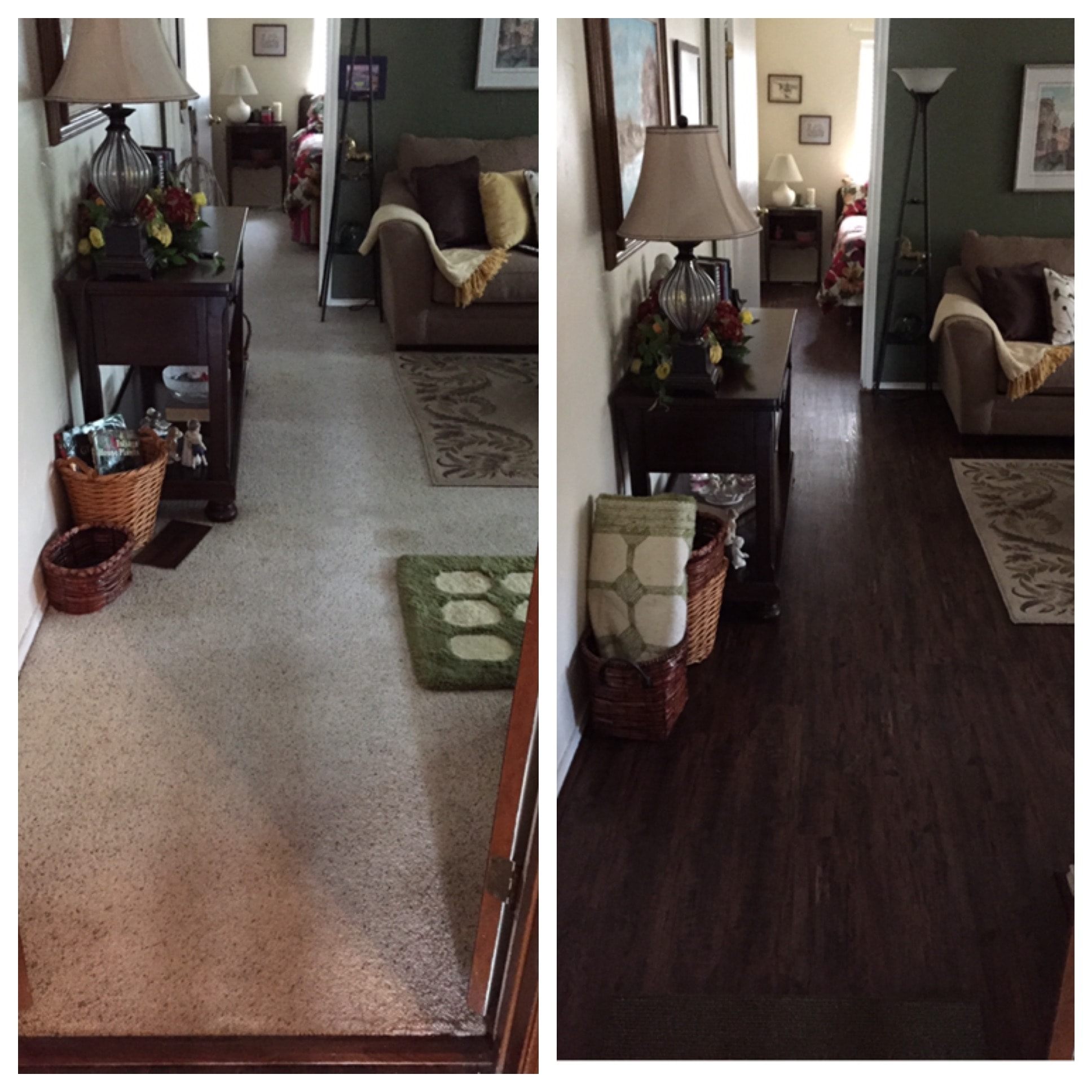 Carpet to dark hardwood before and after — living room flooring replacement North Texas