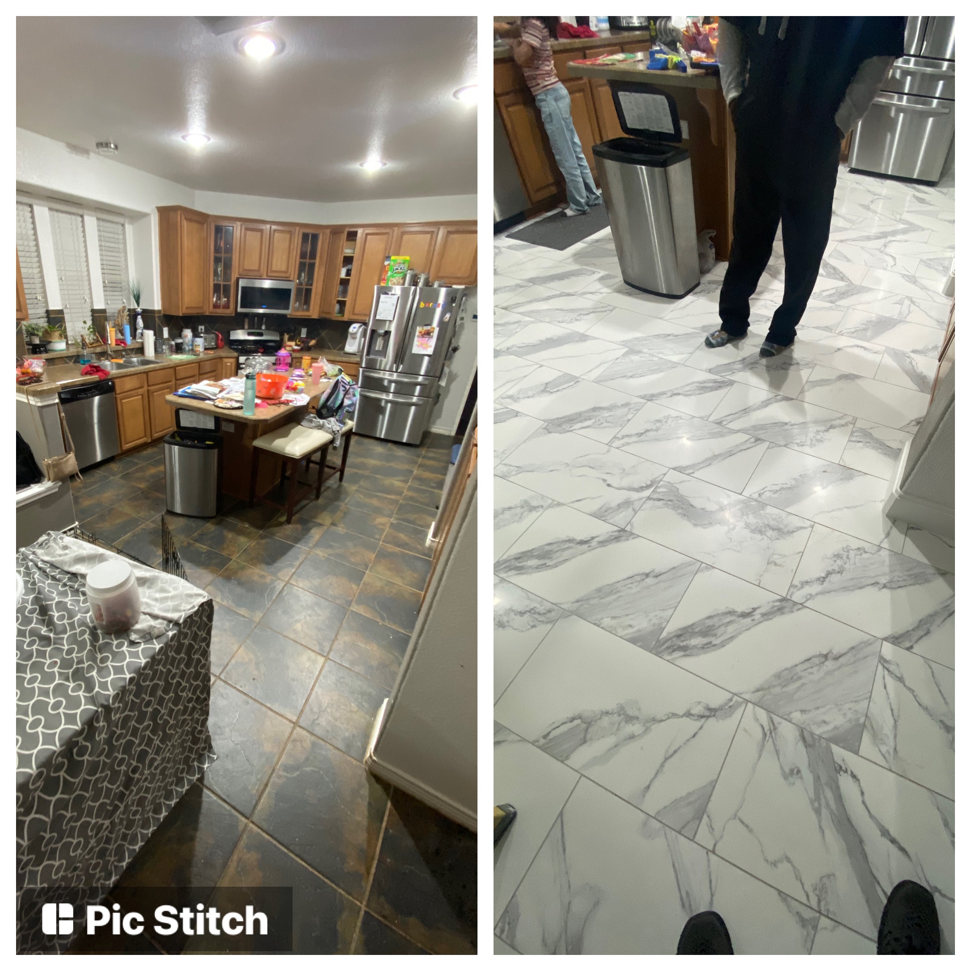 Old dark tile to marble porcelain before and after — kitchen flooring Frisco TX