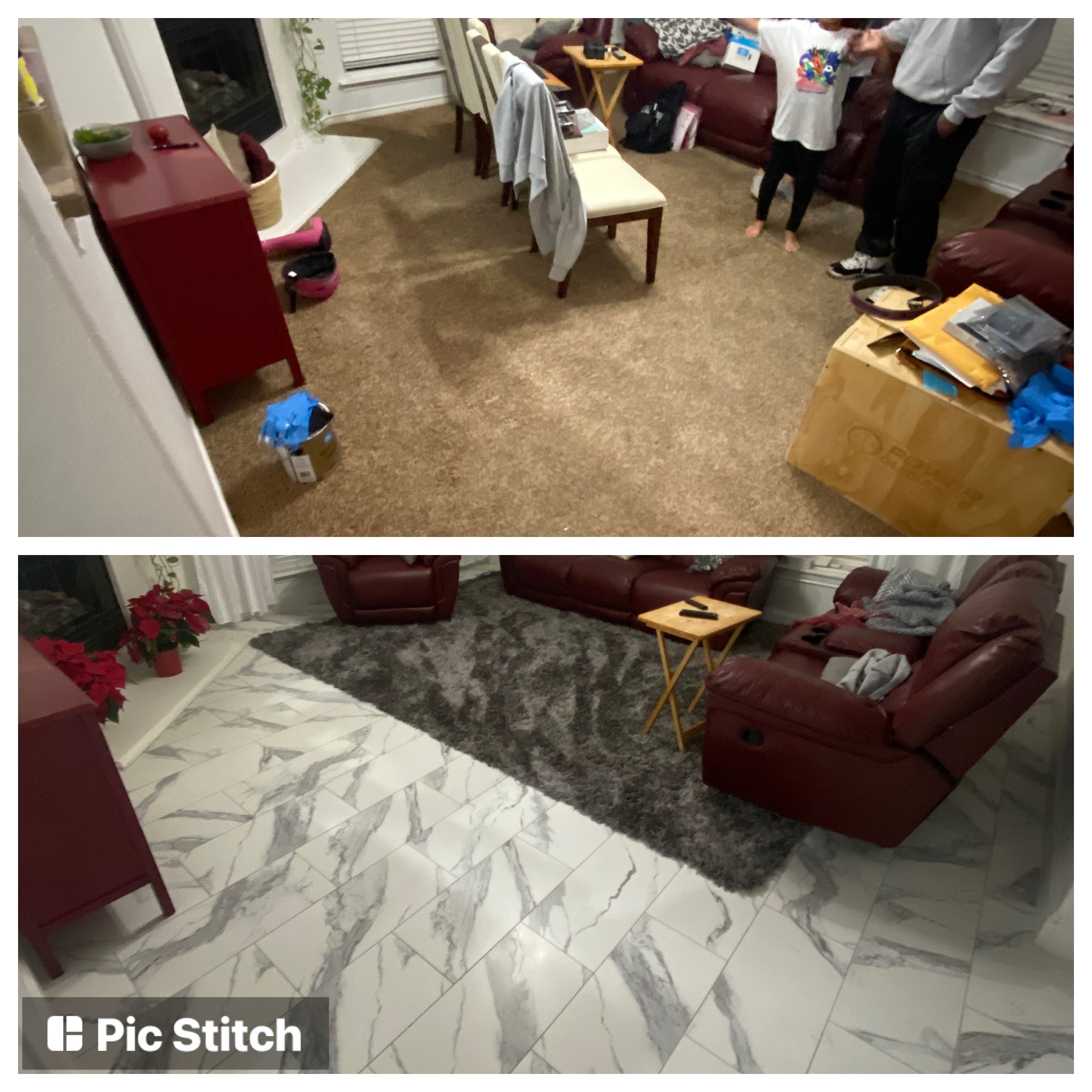 Carpet to marble tile before and after — living room flooring North Texas