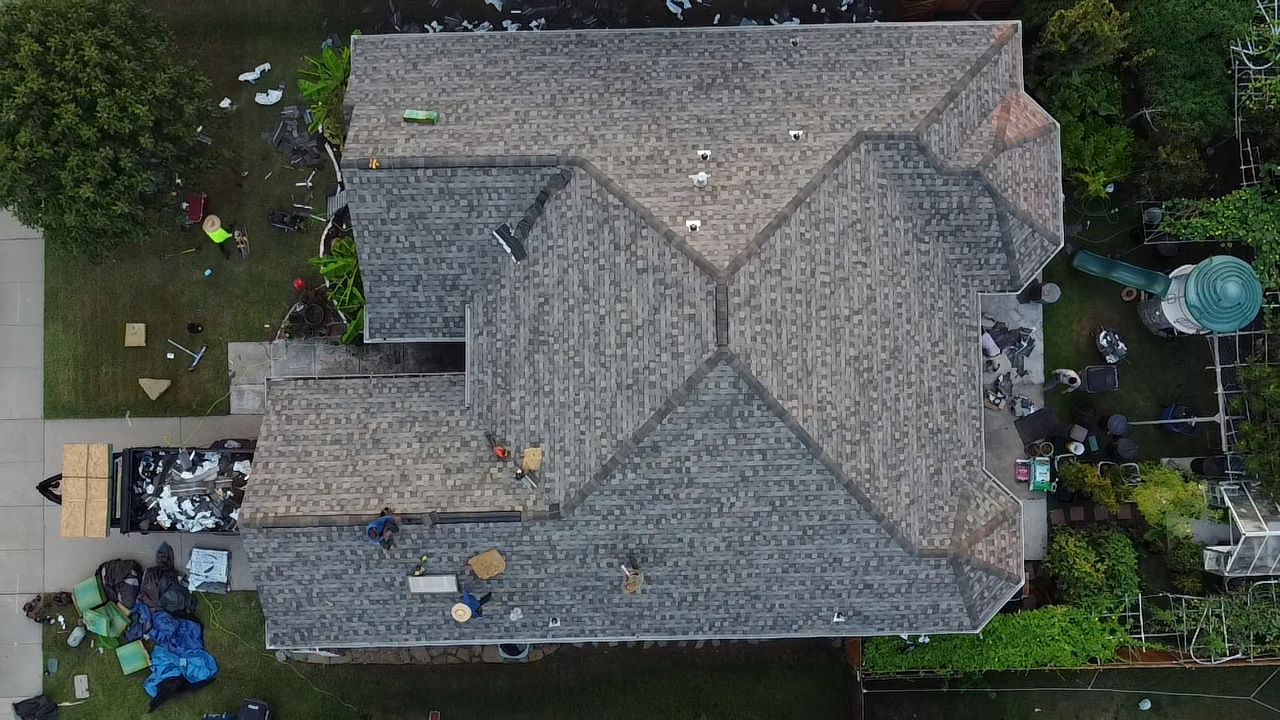 Aerial drone view of completed roof installation